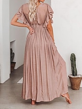 preiswerte Kleider aus Baumwolle und Leinen entwerfen-Damen Maxikleid Leinen-inspirierte Kleider Weißes Kleid Schwingkleid Sommerkleid Streetwear Maxi Basic Urlaub Ferien Strand Lässiger Schnitt Kurzarm V Ausschnitt Schwarz Weiß Khaki Beige Sommer