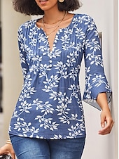 olcso Virágos póló-Női Póló Plus Size Ing Tunika Henley Ing Blúz Utcai Ruházat Hétköznapi Gombok Mintás 3/4 Hosszú Ujjú Szabályos Felsők V Nyakú Napi Hétvégi Piros Tengerész Kék