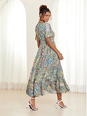 abordables Robes de vacances-robe midi bohème pour femme col en V manches courtes imprimé cachemire évasé été décontracté tissu léger et respirant coloré style bohème vacances vêtements de plage multicolore disponible en