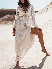tanie Białe koronkowe sukienki-Damskie Sukienka maxi Biała sukienka Biała koronkowa suknia ślubna Sukienki w stylu boho Sukienka Boho Elegancja Bohema Linia A Urlop Święto Regularny Długi rękaw W serek Biały Morelowy Lato