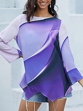 economico Top d&#039;Arte e Design per Donne-Blusa da donna a maniche lunghe con orlo asimmetrico tunica chiffon elegante stampa ombre neon e brillante orlo asimmetrico top lunghi scollo rotondo casual giornaliero rosa viola arancione verde