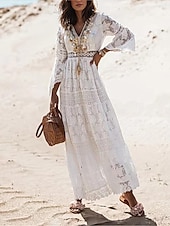 tanie Białe koronkowe sukienki-Damskie Sukienka maxi Biała sukienka Biała koronkowa suknia ślubna Sukienki w stylu boho Sukienka Boho Elegancja Bohema Linia A Urlop Święto Regularny Długi rękaw W serek Biały Morelowy Lato