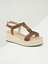 levne Sandály na dovolenou-Dámské Sandály Šněrovací sandály Páskové sandály Cikánský Espadrille Denní Dovolená Plážové Platforma Čechy prázdniny Módní Len Umělá kůže Kotníkový řemínek Tmavěhnědá Zlatá