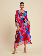 abordables Robes décontractées-Femmes Robe d&#039;invité de mariage Robe d&#039;Été Robe d&#039;été Robe Longue Maxi Robe Rose rouge manche longue Mode Fleurs Fleurs / Plantes Col en V Ourlet irrégulier Style Floral Printemps &amp; Été Col en V