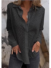 cheap Lace Tops-Women&#039;s White Elegant Lace Tops Eyelet Blouse Plain Button Cut Out Street Daily Fashion Shirt Collar Regular Fit Romantic Petite Tops Summer Holiday Wear Black White Red