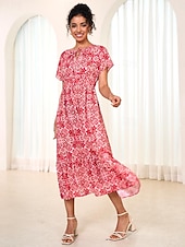 abordables Robes de vacances-robe longue en mousseline de soie à fleurs et feuilles pour femmes, col noué, manches courtes, été