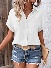 cheap Work Tops-Women&#039;s Blouse V-Neck Button-Up Textured Pattern Casual Short Sleeve Summer Top Faded Blue Regular Fit Lightweight Breathable