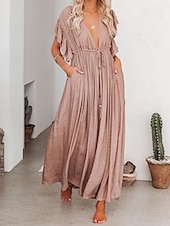 preiswerte Kleider aus Baumwolle und Leinen entwerfen-Damen Maxikleid Leinen-inspirierte Kleider Weißes Kleid Schwingkleid Sommerkleid Streetwear Maxi Basic Urlaub Ferien Strand Lässiger Schnitt Kurzarm V Ausschnitt Schwarz Weiß Khaki Beige Sommer