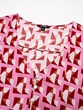 baratos vestido casual estampado-Mulheres Roupas de resort Vestido Longo Vestido Maxi Rosa Manga Curta Geométrico Com Cordão Primavera Verão Decote V férias na praia S M L