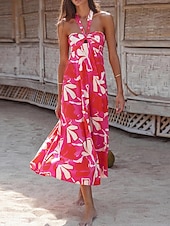 abordables Robes de vacances-Femme robe longue Robe casual Robe Évasée Robe Trapèze Robe d&#039;été mode Décontractées Vacances du quotidien Rendez-vous Standard Floral Feuille Sans Manches Dos nu Rouge Violet Orange Vert Eté