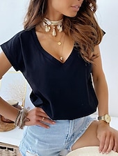 ieftine tricou simplu-Tricou Pentru femei Negru Alb Roz Îmbujorat Simplu Sexy Stradă Zilnic Modă În V Fit regulat S