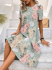 preiswerte Blumenkleid-Frauen Mini Kleid Blumenmuster Rundhals Kurze Ärmel Sommer