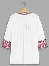 billige Kvinnenes ferietopper-Dame Bluse Blomstret Geometrisk Bohem Halvlange ermer Crew-hals Daglig Broderi Svart Hvit Sommer Vår Høst
