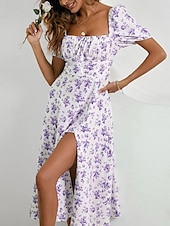 cheap Casual Floral Dresses-Women&#039;s Casual Dress Swing Dress Floral Split Print Square Neck Midi Dress Stylish Casual Daily Date Short Sleeve Summer