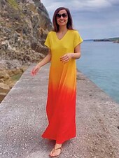 economico Abiti Tie Dye e Gradient-Abito Maxi Donna Abito Casual Abito Estivo Abito Shift Abito Tropicale Spalla Cadente Vacanza Vestibilità Larga Ombre Arco Iris Gradiente di Colore Manica Corta V Collo Blu Viola Chiaro Arancione