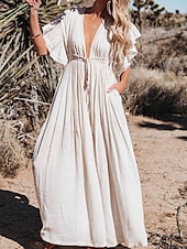 preiswerte Kleider aus Baumwolle und Leinen entwerfen-Damen Maxikleid Leinen-inspirierte Kleider Weißes Kleid Schwingkleid Sommerkleid Streetwear Maxi Basic Urlaub Ferien Strand Lässiger Schnitt Kurzarm V Ausschnitt Schwarz Weiß Khaki Beige Sommer
