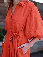 economico vestito casual-maxi abito chemisier in lino con tasche con lacci