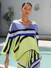 cheap Blouses &amp; Shirts-Satin V Neck Geometric Print Poncho Blouse