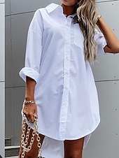 ieftine Rochii Albe Casual-Pentru femei Rochie albă Rochii Tip Cămașă Rochie Mini Birou Dată Poliester De Bază Modern Guler Cămașă Buton Manșon Lung Vară Primăvară Fit regulat Simplu