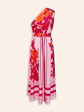 abordables robe décontractée imprimée-Femmes Robe Imprimée Robe maxi Rose Claire Sans manches Fleuri Style Floral Boucle Été Une Épaule Robes Vacances S M L