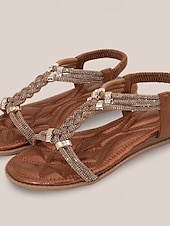 cheap Vacation Sandals-Women&#039;s Rhinestone Embellished T-Strap Sandals – Boho Glitter Flat Sandals with Elastic Ankle Strap for Summer Beach and Party Wear