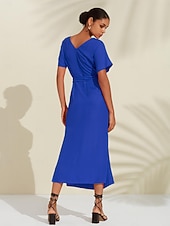 Robe midi portefeuille froncée en lin tencel pour femme orange rouge col en V abordables Robes décontractées-Robe midi portefeuille froncée en lin tencel pour femme orange rouge col en V