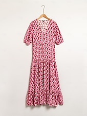 baratos vestido casual estampado-Mulheres Roupas de resort Vestido Longo Vestido Maxi Rosa Manga Curta Geométrico Com Cordão Primavera Verão Decote V férias na praia S M L