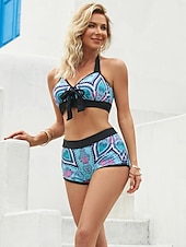 olcso Bikiniszettek-Női Szabályos Fürdőruha Bikini 2 darab Merész Fürdőruha Pánt Első nyakkendő Csokornyakkendő Magas derekú Csokor Divat Buli Virágos Színes Pántos Fürdőruhák