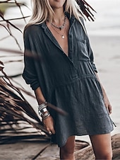 preiswerte Weiße Freizeitkleider-Damen weißes Kleid Hemdkleid Minikleid Date Urlaub Basic Modern Hemdkragen Knopftasche Langarm Sommer Frühling Loose Fit Uni