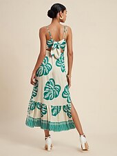 preiswerte Lässiges Kleid mit Aufdruck-Maxikleid mit One-Shoulder-Träger aus Satin mit Palmenblättern