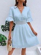 cheap Plain Dress-Women's Knee Length Dress Sundress Casual Dress Vacation Casual Boho Beach Party Date Regular Fit Plain Short Sleeve V Neck Blue White Yellow Red Summer Spring