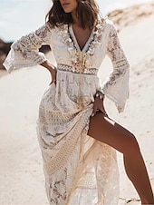 tanie Białe koronkowe sukienki-Damskie Sukienka maxi Biała sukienka Biała koronkowa suknia ślubna Sukienki w stylu boho Sukienka Boho Elegancja Bohema Linia A Urlop Święto Regularny Długi rękaw W serek Biały Morelowy Lato