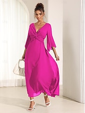 economico Abiti da festa-abito da cocktail per invitati a nozze da donna in chiffon tinta unita con volant intrecciato elegante abito lungo estivo scollo a V svasato manica a 3/4