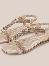 cheap Vacation Sandals-Women&#039;s Rhinestone Embellished T-Strap Sandals – Boho Glitter Flat Sandals with Elastic Ankle Strap for Summer Beach and Party Wear