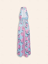 preiswerte Elegante Blumenkleider-Damen Neckholder-Kleid Kleid drucken Maxidress Gelb Blau Ärmellos Blumen / Pflanzen Rückenfrei Elastische Taille Print Sommer Halfterhals Urlaub XS S M