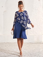 preiswerte Blumenkleider-Damen Hochzeitsgastkleid A-Linien-Kleid elegantes geblümtes Midikleid Chiffon ausgestellte Ärmel Rundhalsausschnitt Patchwork normale Passform Hochzeitsgast Cocktailparty blau Sommer