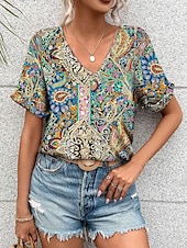 Γυναικείο T-shirt Boho Μπλούζα Paisley Εκτύπωση V-Λαιμό Κοντό Μανίκι Καθημερινό Χαλαρό Στυλ Πολύχρωμο Ελαφρύ Καλοκαίρι Μπλούζα Χαμηλού Κόστους Boho t-shirt-Γυναικείο T-shirt Boho Μπλούζα Paisley Εκτύπωση V-Λαιμό Κοντό Μανίκι Καθημερινό Χαλαρό Στυλ Πολύχρωμο Ελαφρύ Καλοκαίρι Μπλούζα