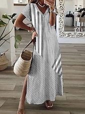 levne Dovolená šaty-dámské ležérní šaty proužek patchwork potisk v krku midi šaty elegantní stylové rande dovolená léto podzim