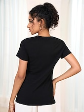 abordables T-shirt uni-T-shirt à encolure festonnée pour femme, manches courtes, couleur unie, coupe slim, extensible, décontracté, mode, noir