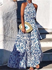 ieftine Rochii de Vacanță-Pentru femei Rochie Lunga Rochie Maxi Rochie casual Rochie leagăn Rochie A line Rochie de vară Stilat Casual Vacanță Zilnic Dată Fit regulat Floral Fără manșon Gâtul halter Albastru piscină Trifoi