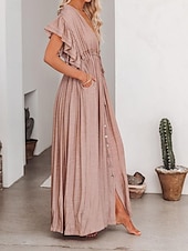 preiswerte Kleider aus Baumwolle und Leinen entwerfen-Damen Maxikleid Leinen-inspirierte Kleider Weißes Kleid Schwingkleid Sommerkleid Streetwear Maxi Basic Urlaub Ferien Strand Lässiger Schnitt Kurzarm V Ausschnitt Schwarz Weiß Khaki Beige Sommer