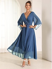 economico Abiti da festa-abito da cocktail per invitati a nozze da donna in chiffon tinta unita con volant intrecciato elegante abito lungo estivo scollo a V svasato manica a 3/4