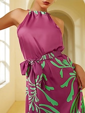  サテンの幾何学模様のノースリーブミディドレス