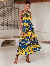 baratos Vestidos de Férias-Mulheres Vestido midi Vestido midi Amarelo Sem Manga Floral Com cinto Estampado Primavera Verão Gola Alta padrão Vestido S M L