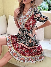 abordables Robes Bohémiennes-Femme Mini robe Robe casual Robe Trapèze Robe d&#039;été robe boheme mode Ethnique Décontractées Vacances du quotidien Rendez-vous Standard Floral Manche Courte Col V Noir Rouge Bordeaux Vert Eté