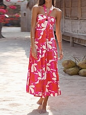 abordables Robes de vacances-Femme robe longue Robe casual Robe Évasée Robe Trapèze Robe d&#039;été mode Décontractées Vacances du quotidien Rendez-vous Standard Floral Feuille Sans Manches Dos nu Rouge Violet Orange Vert Eté