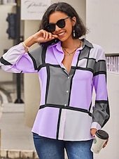 economico Top a Righe e Geometrici per Donne-Camicia Donna Moda Flanella Stampa Bottoni Maniche Lunghe Top Regolari Collo Camicia Casual Rosa Viola Primavera  Autunno