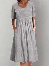 billige T skjortekjoler-kvinners genser kjole stripe ruched print rund hals midi kjole elegant bohemia hjem daglig sommer