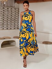 baratos Vestidos de Férias-Mulheres Vestido midi Vestido midi Amarelo Sem Manga Floral Com cinto Estampado Primavera Verão Gola Alta padrão Vestido S M L