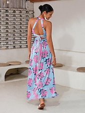 preiswerte Elegante Blumenkleider-Damen Neckholder-Kleid Kleid drucken Maxidress Gelb Blau Ärmellos Blumen / Pflanzen Rückenfrei Elastische Taille Print Sommer Halfterhals Urlaub XS S M